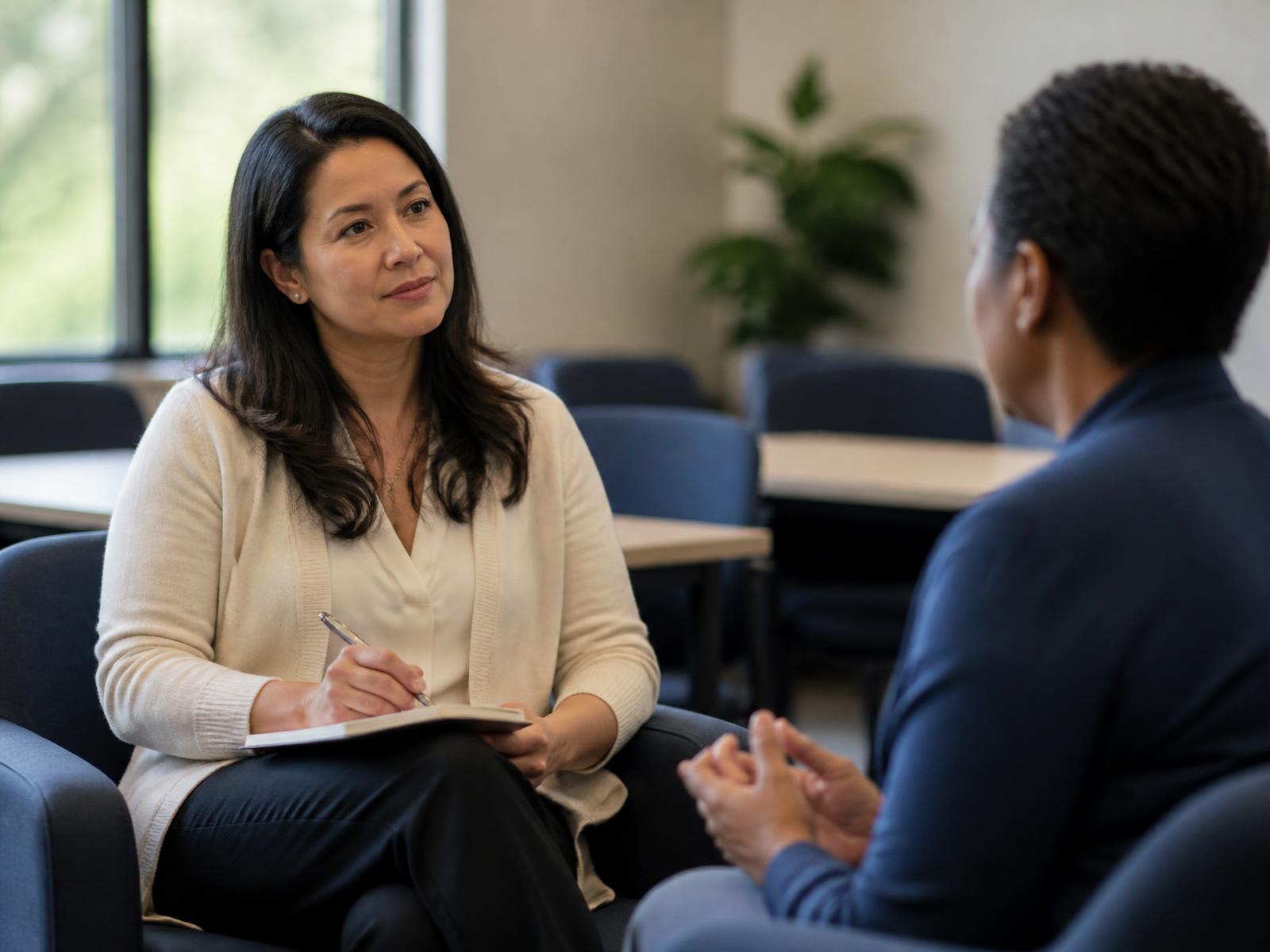 Two human-services professionals in a calm, supportive conversation during training